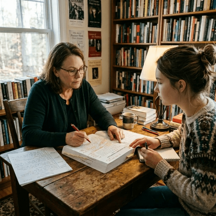 Tutor explaining annotated textbook to student taking notes